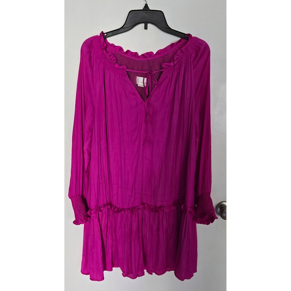 Anthropologie Pleated Mini Dress Fuchsia Pink Tassel V-Neck Smocked Cuff Small